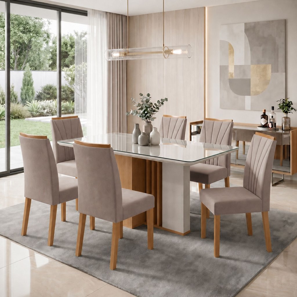 Conjunto Sala de Jantar 6 Lugares Retangular Tampo Vidro/MDF Mesa Astrid com Cadeiras Apogeu Bege Amêndoa Clean/Off