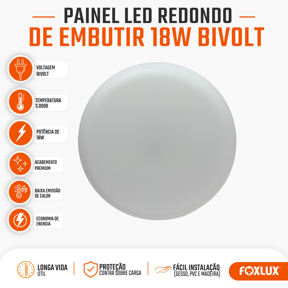Painel Plafon LED Redondo Embutir Foxlux 18W 3000K Branco Quente