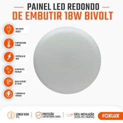 Painel LED Redondo Embutir Borda Infinita Foxlux 18W 3000K