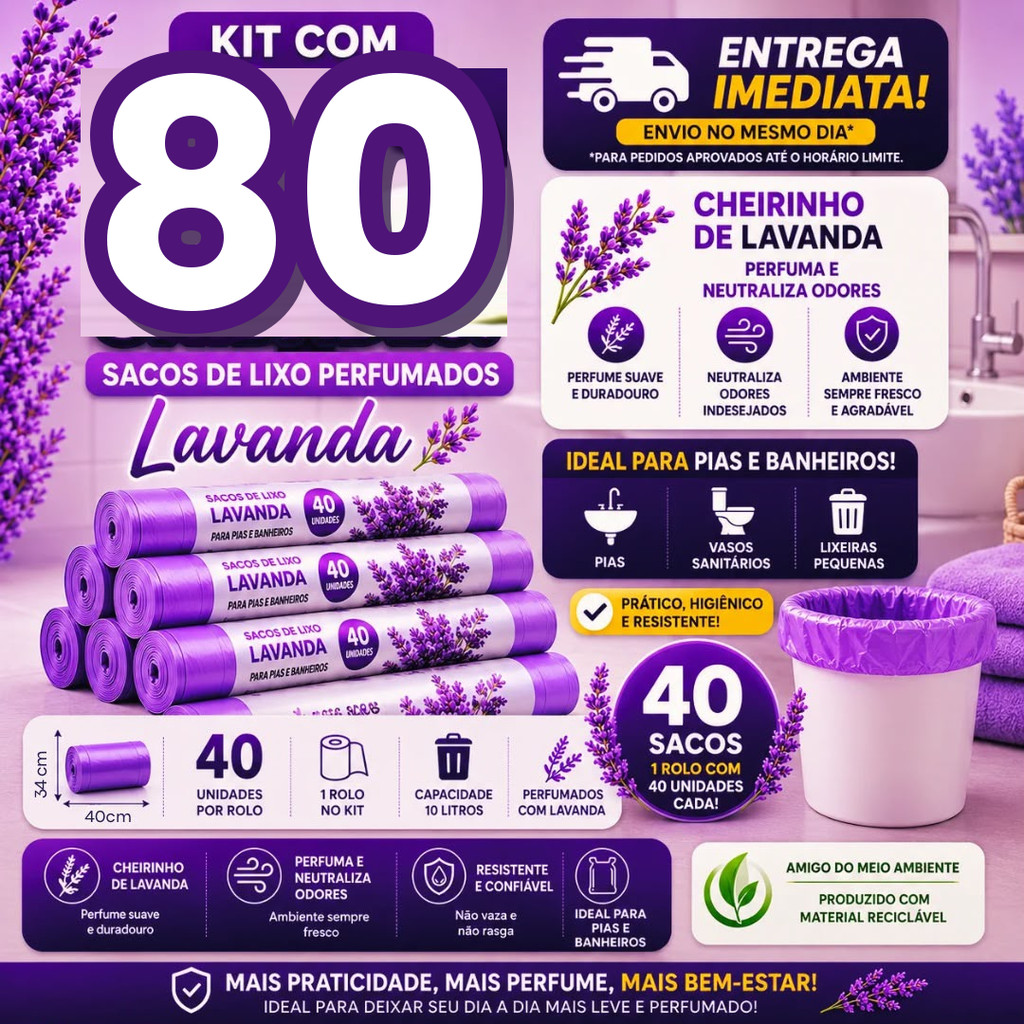 Kit 2 Sacos de Lixo Perfumado Lavanda 10L 80 Un — ideal para cozinhas, banheiros e clinicas