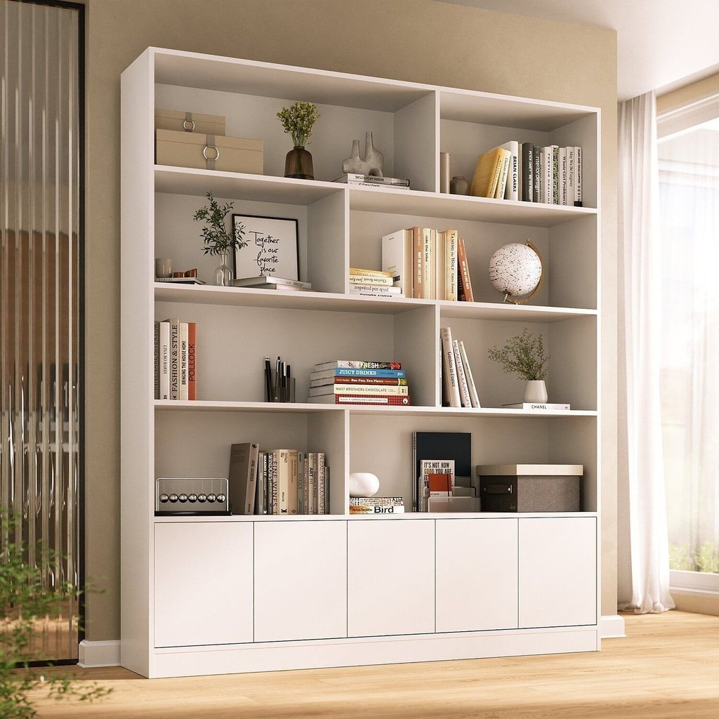 Estante de Livros 100% MDF 154,6CMX180,5cm 5 Portas 8 Nichos Versatile Branco Branco