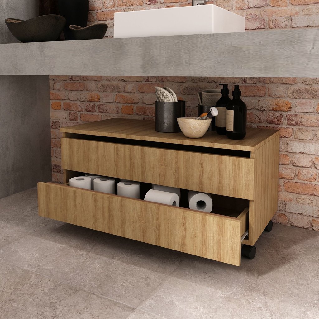 Balcão Gabinete para Banheiro 80cm com Rodízio e 2 Gavetas BN3603 Marrom/Amendoa Amêndoa