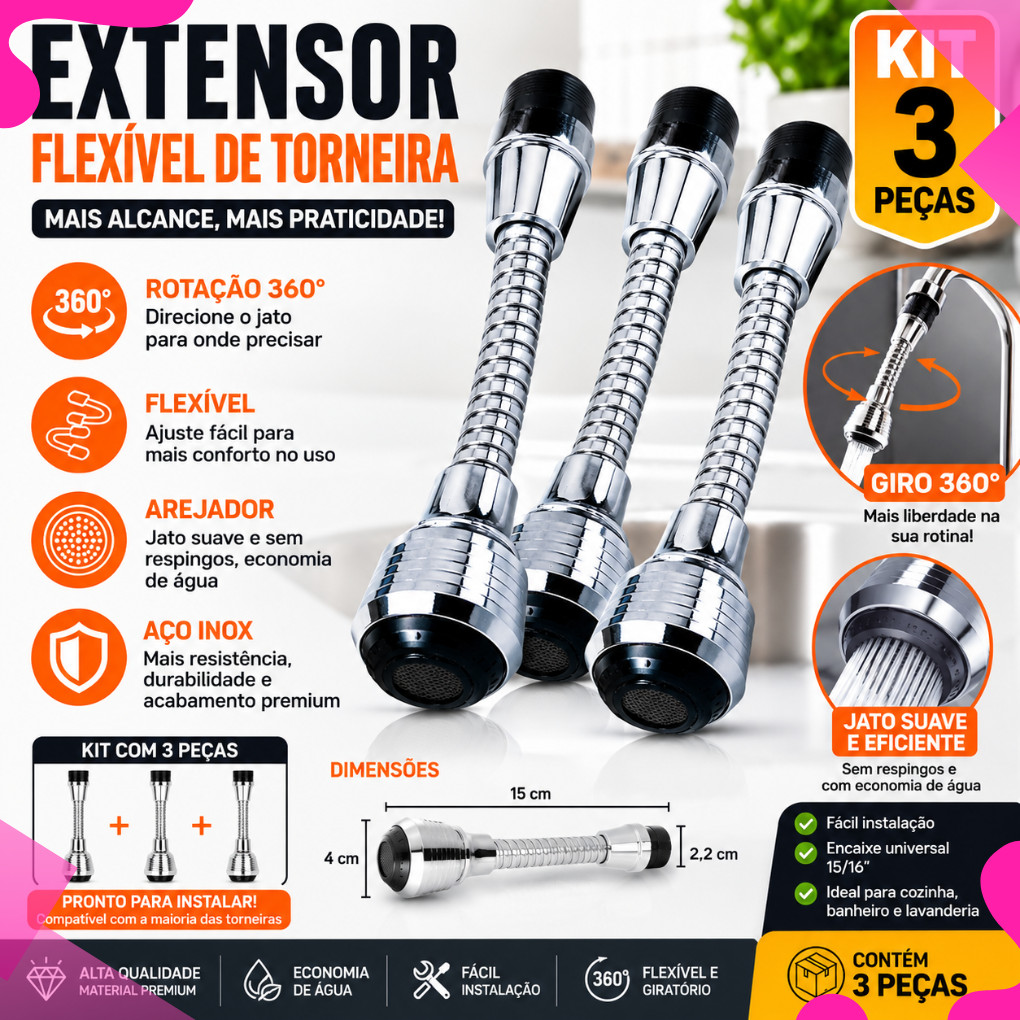 Extensor Flexível De Torneira de Agua Pia Cozinha Adaptador 15x10x4cm Giro 360° Arejador Aço Inox