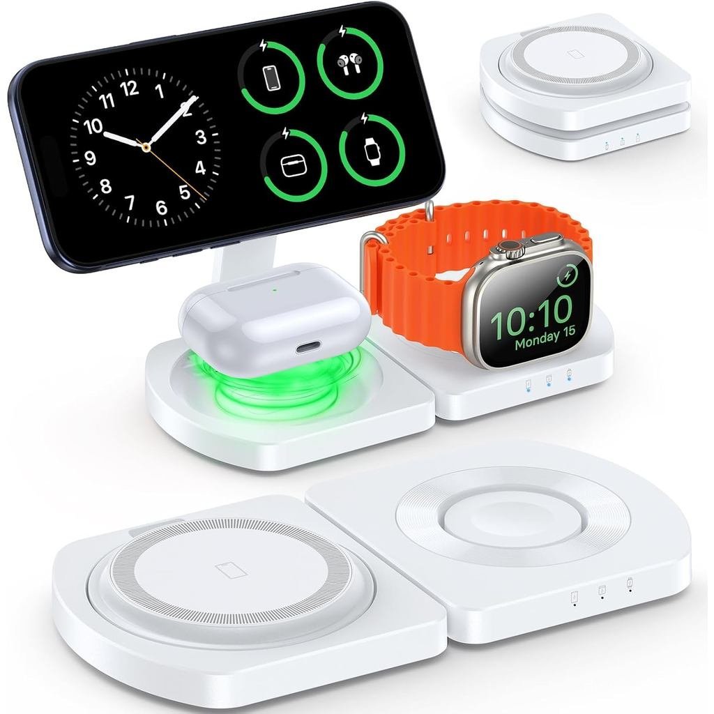 Carregador Sem Fio EGV, Estação de Carregamento Magnética 3 em 1 para Apple, de 