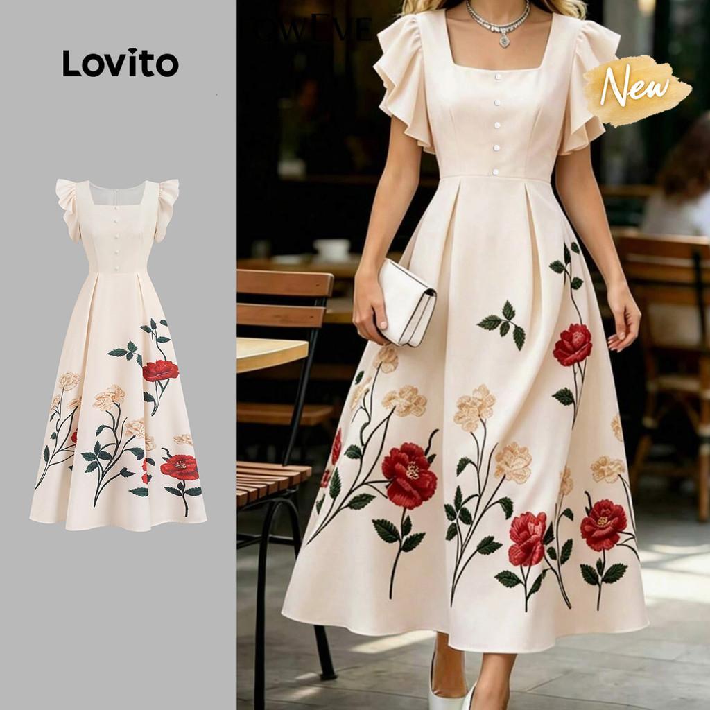 (New Arrival) Lovito Vestido Elegante Babado Frente de Botões e Padrão Vestido B
