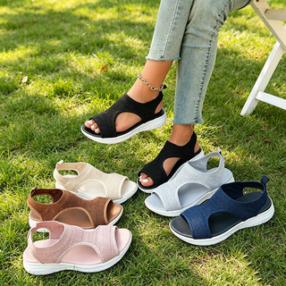 Sandálias planas femininas, sapatos respiráveis de malha tecida voadora de verão
