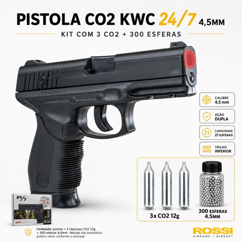 Pistola de Pressão KWC 24/7 NBB CO2 4,5mm + 3 CO2 + 300 Esferas + Alvo