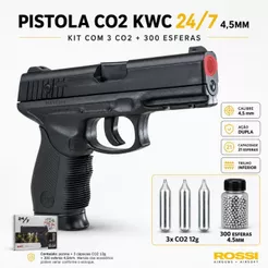 Pistola de Pressão KWC 24/7 NBB CO2 4,5mm + 3 CO2 + 300 Esferas + Alvo