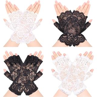 4 Pares de Luvas Curtas de Renda para Mulheres, Sem Dedos, com Renda Floral, Luvas de Pulso para Noivas, Festa de Chá, Ó