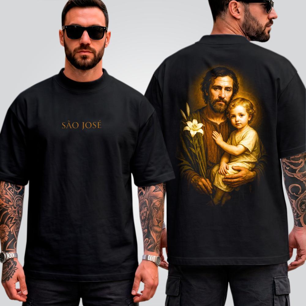 Camiseta Masculina Oversized Suedine Estampada São José Streetwear Halftone Cristã