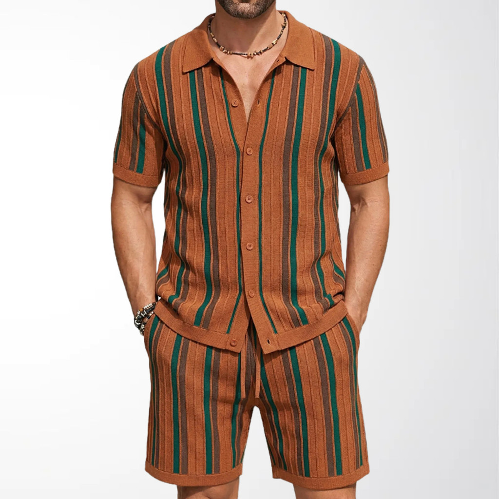 Suéter De Malha Masculino casual Terno De Manga Curta jacquard Listrado Camisa POLO Conjunto De Duas Peças