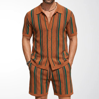 Suéter De Malha Masculino casual Terno De Manga Curta jacquard Listrado Camisa POLO Conjunto De Duas Peças