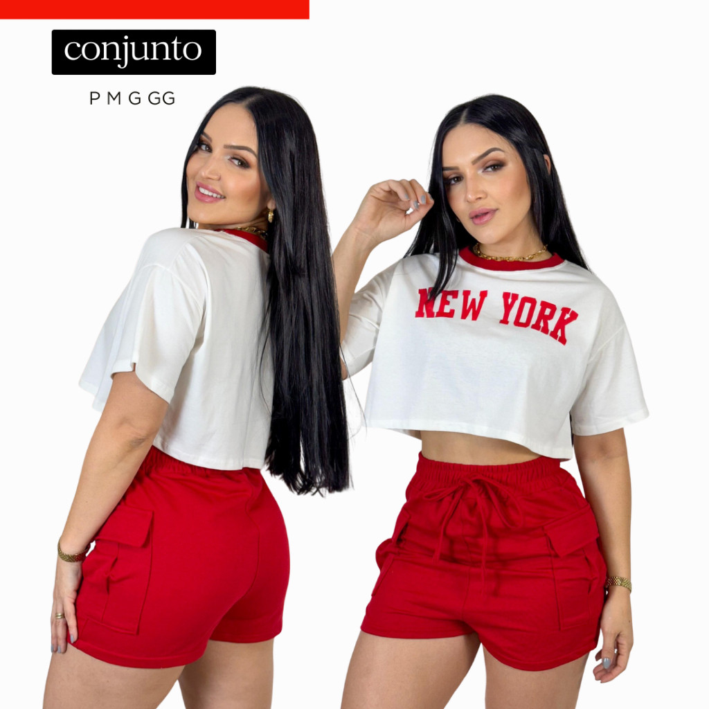 Conjunto Feminino Moletinho Cropped Shorts Cargo Soltinho Roupa Moda Verão Estampado Casual Estilosa Confortável