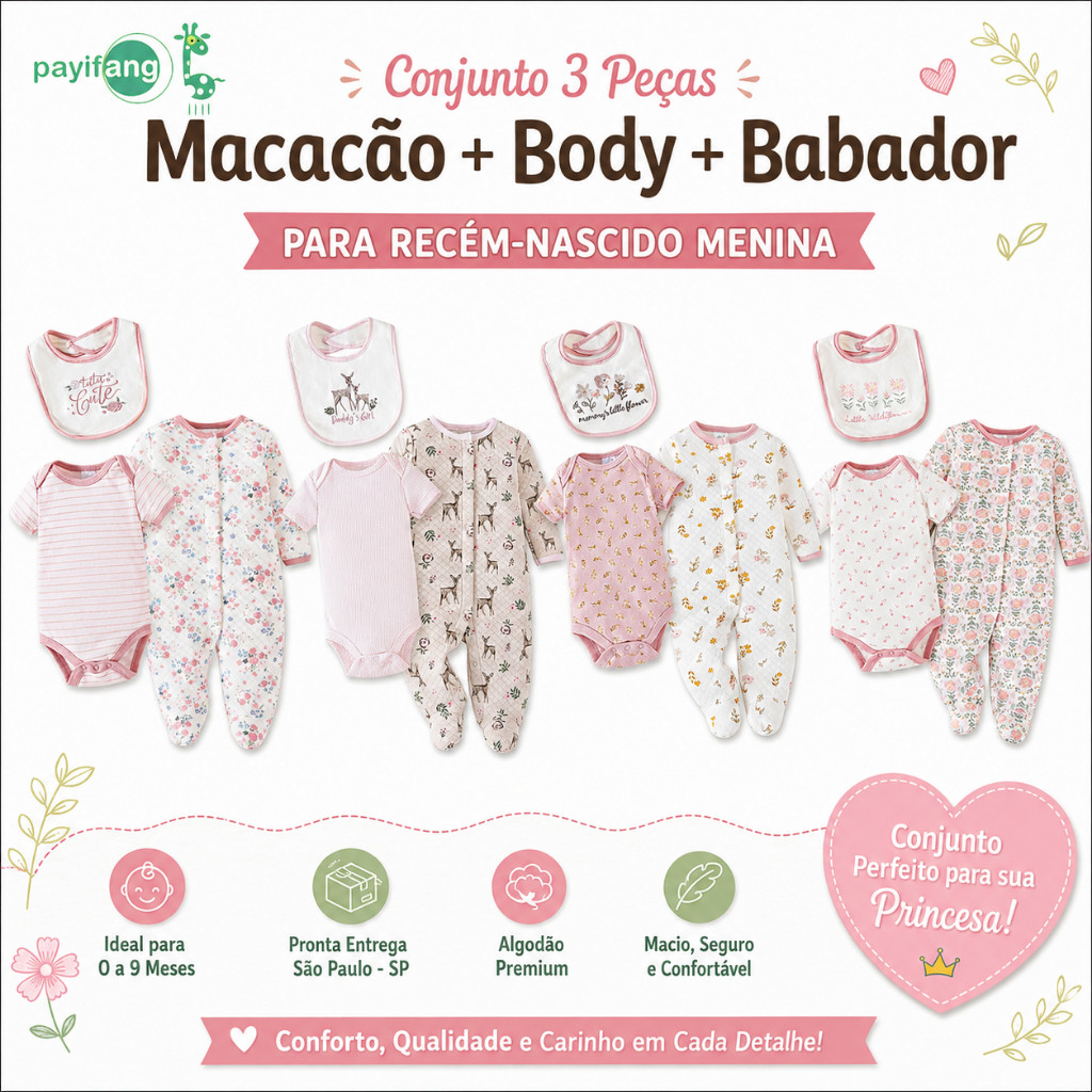 Payifang Kit 3 Peças Recém-Nascida 100% Algodão 0-18 Meses Estampa Flores Cervo Macacão Perninha Longo Body Babador Meni...