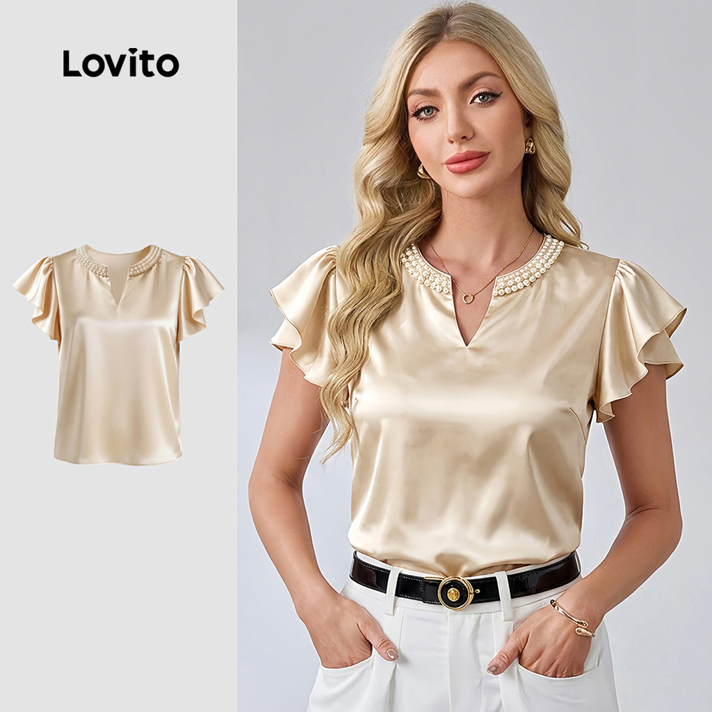 Lovito Blusa Elegante De Trabalho Para Primavera/verão Com Mangas Esvoaçantes Decote Em V Com Recorte E Pérolas Para Mulheres LR41L041