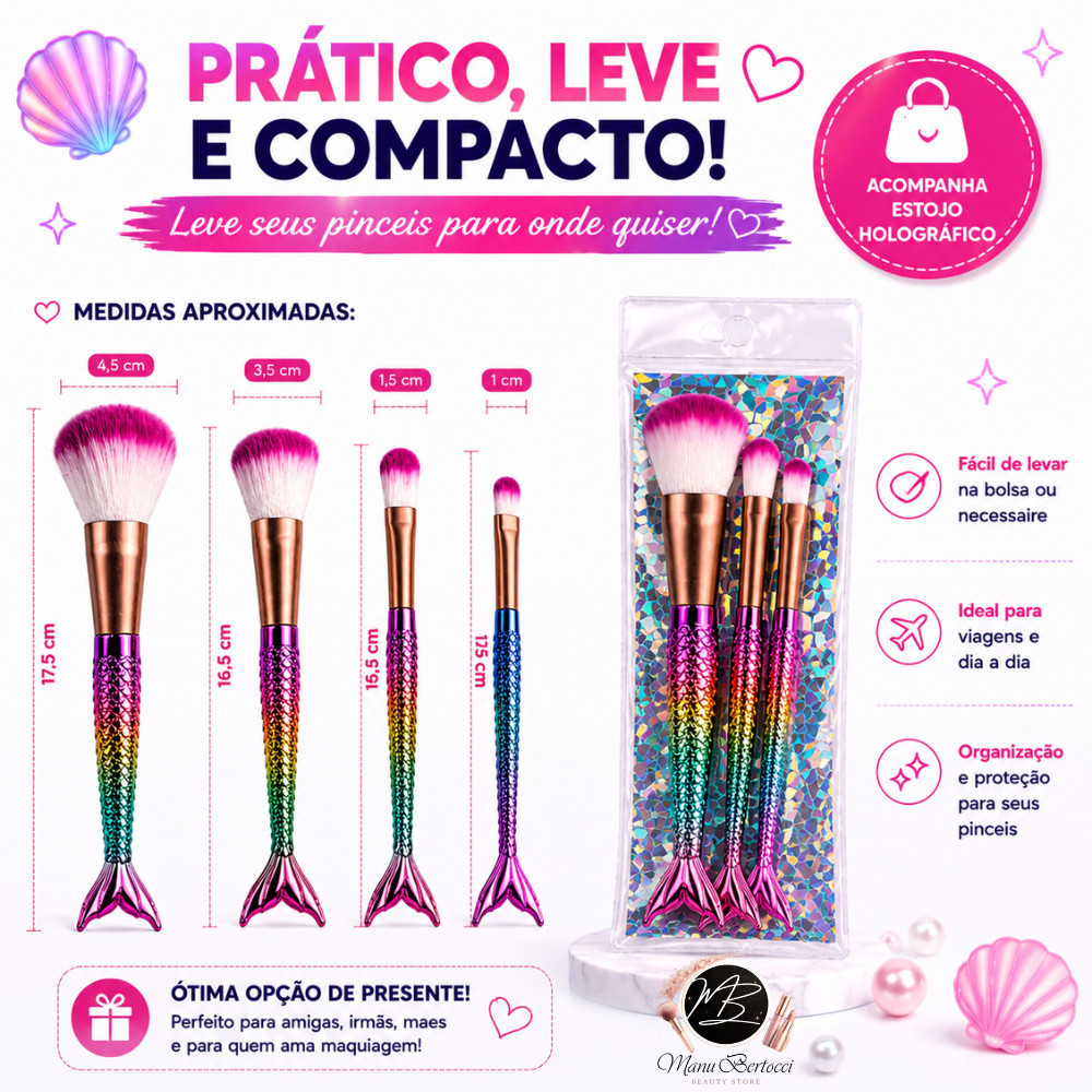 Kit 4 Pincéis de Maquiagem Sereia Infantil Cerdas Macias Presente Dia das Crianças Menina — imagem 2 de 2