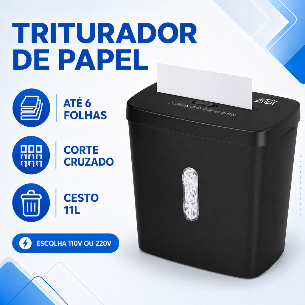 Triturador de Papel 6 Folhas A4 Corte Cruzado 11L Automático com Função Reversa para Casa e Escritório