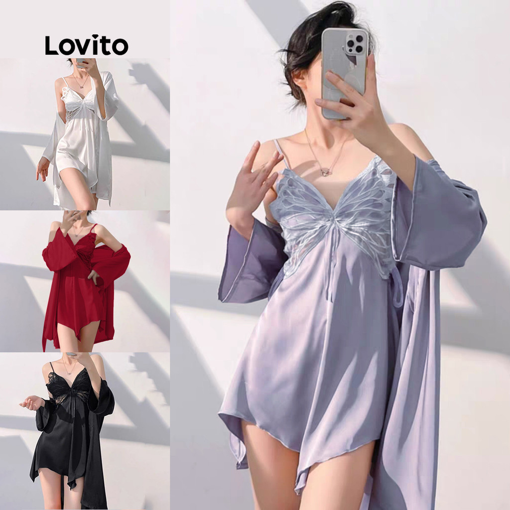 Lovito Casual Conjunto Lingerie 2 Peças Cetim Bojo Laço Borboleta Branco Mulheres LNE130036