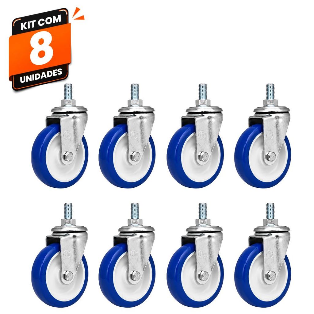Kit 8 Rodízios Rodinhas Giratórias Carrinho Supermercado Mercado Ajax Rosca 5" PVC Azul 120kg Alta Resistência
