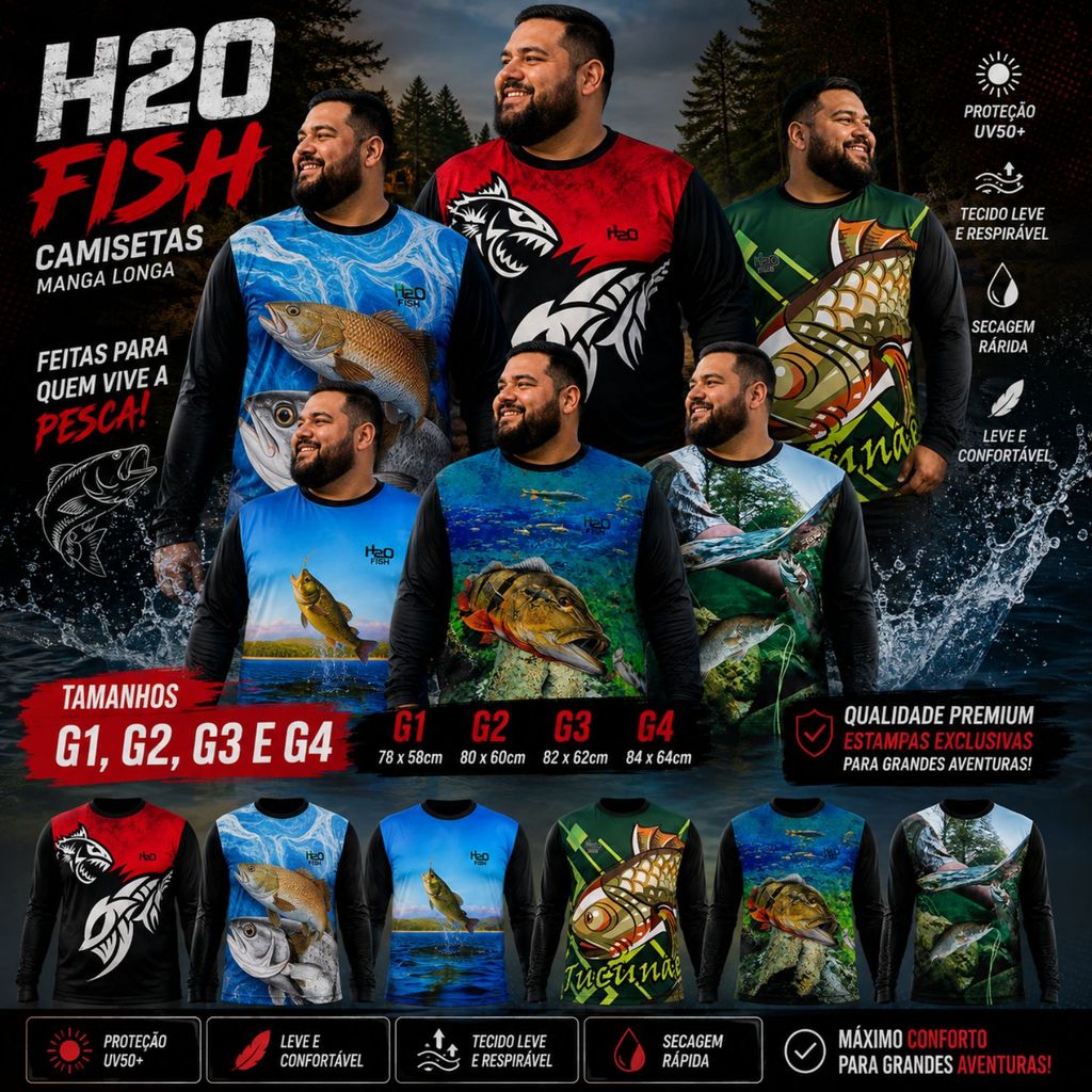 Camisa Camiseta Plus Size Masculina/Feminina Uv Proteção Solar Estampa Peixe Pescaria