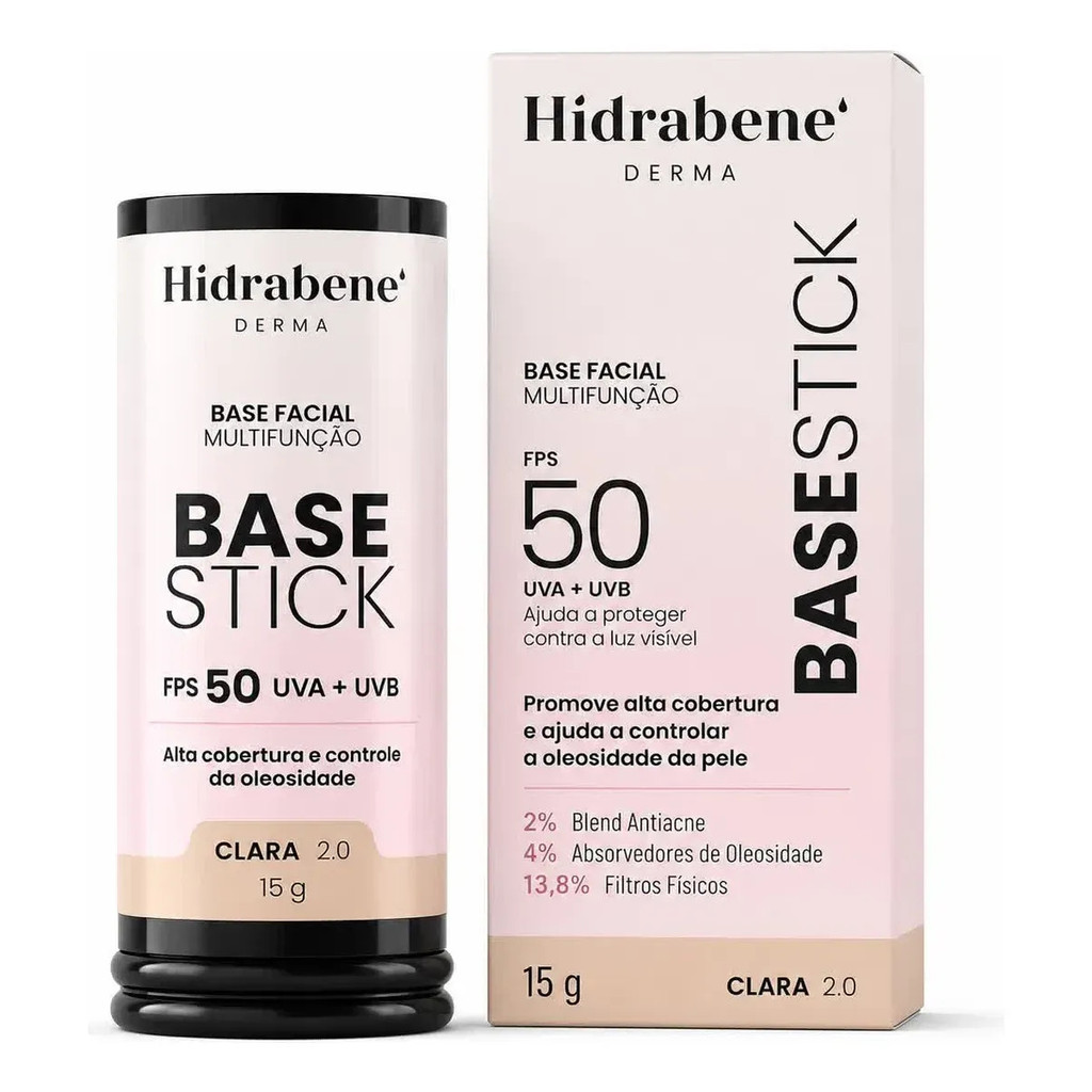 Base Facial Stick Hidrabene FPS 50 Cor Clara 2.0 15g UVA UVB Cobertura Controle Oleosidade Antiacne