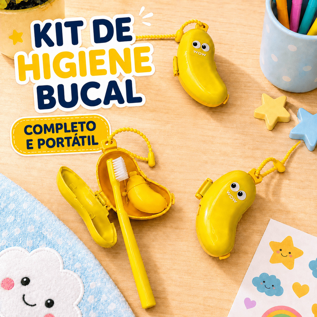Kit Higiene Bucal Infantil Escolar Escova de Dente com Capa Protetora Banana Porta Pasta de Dente Viagem