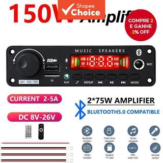 Placa Amplificadora Bluetooth 150W, Visor Digital, Tensão Ampla de Entrada 8V-26V, com Cabo de Alimentação