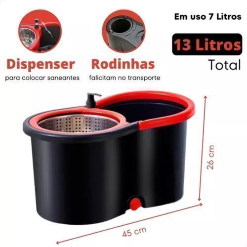 Mop giratório Power Maid balde 13 litros 1 refil microfibra roda alça cinza vermelho