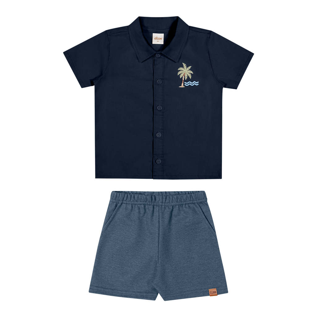 Conjunto Infantil Menino Social Com Bordado Elian Azul