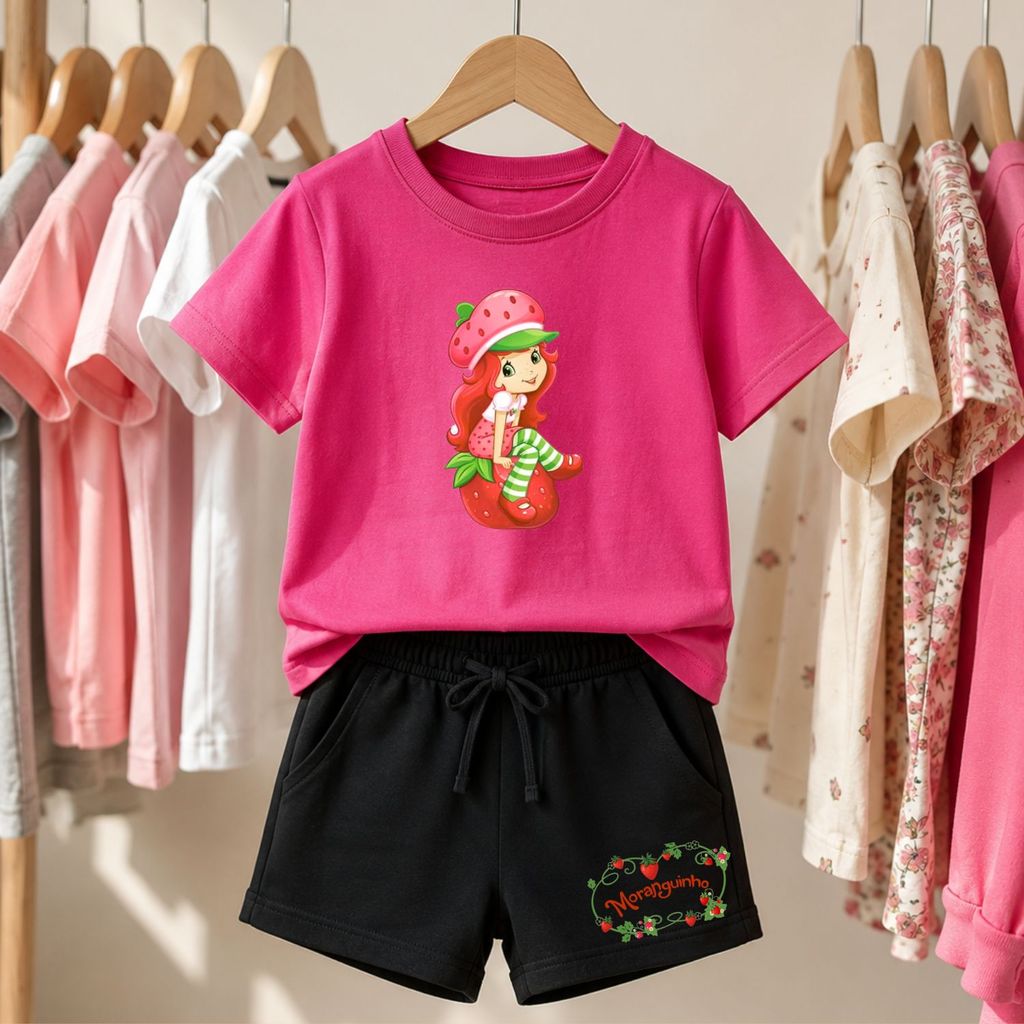 Conjunto Infantil Moranguinho Menina Camiseta Estampada e Shorts Confortável 100% Algodão Roupa Casual