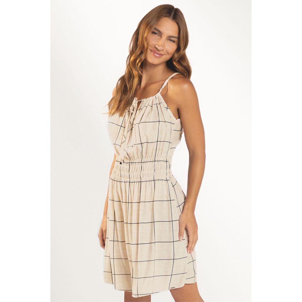 Vestido Feminino Estampado Xadrez Marialícia Bege