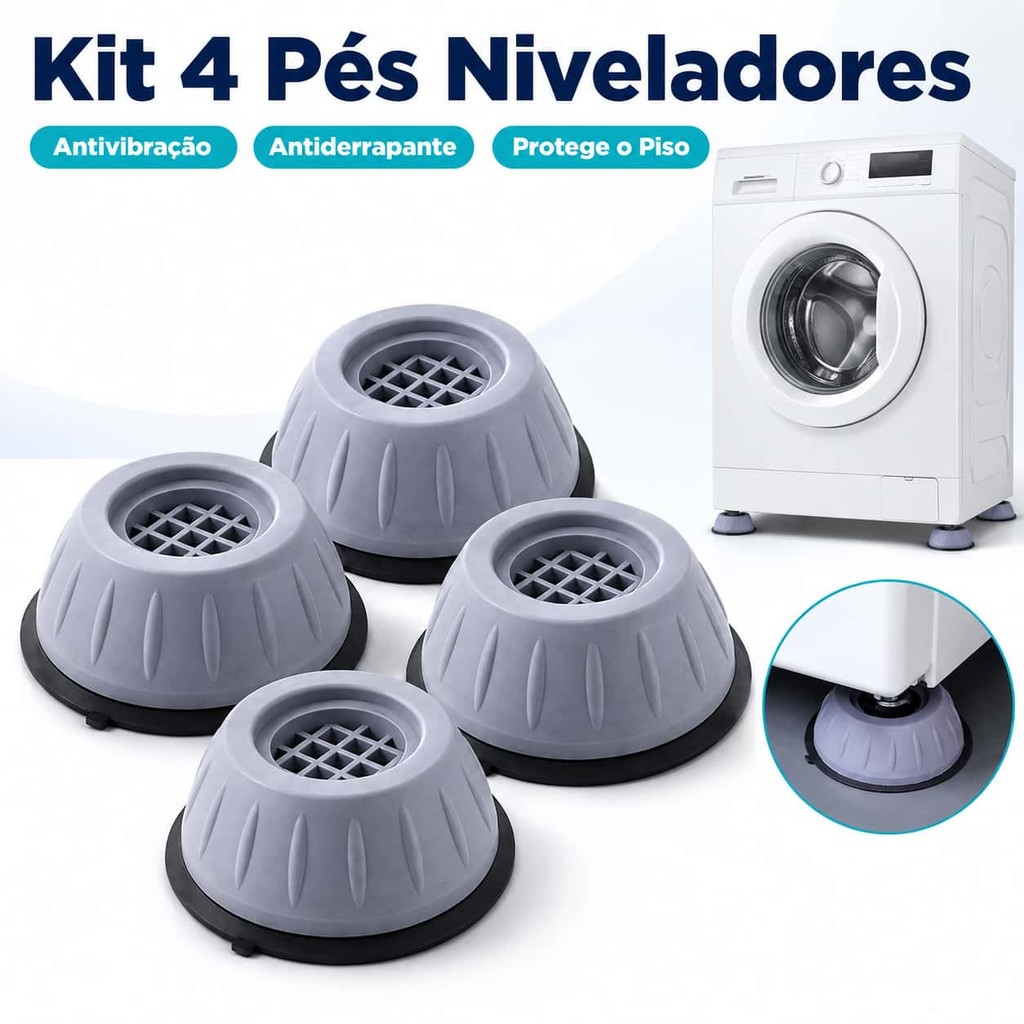 Kit 4 Pés Niveladores para Máquina de Lavar Roupa Anti Vibração Lava e Seca Geladeira Fogão Secadora