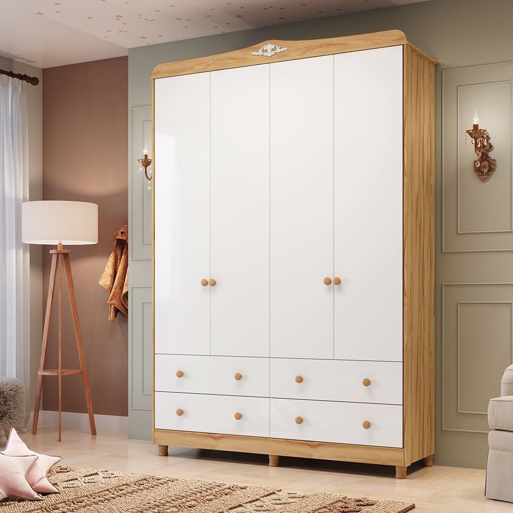 Guarda-Roupa de Bebê 156,80cm 4 Portas e 4 Gavetas 100% MDF Maya Clássico Espresso Móveis Branco/Brilho/Amêndoa