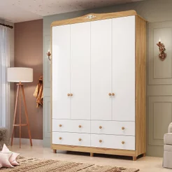 Guarda-Roupa de Bebê 156,80cm 4 Portas e 4 Gavetas 100% MDF Maya Clássico Espresso Móveis Branco/Brilho/Amêndoa