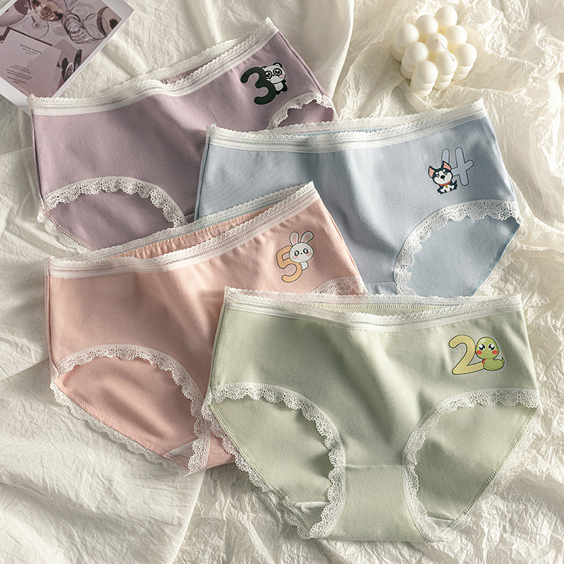 Calcinhas de renda com estampa de animais, entrepernas de algodão respirável, confortáveis, de cintura média para menina