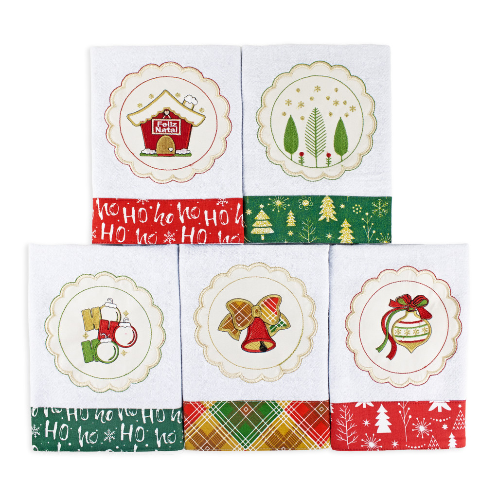 Panos De Prato Natalinos Kit 5 Peças Bordados Com Barrado Guardanapos 100% Algodão Alta Absorção Cozinha Natal