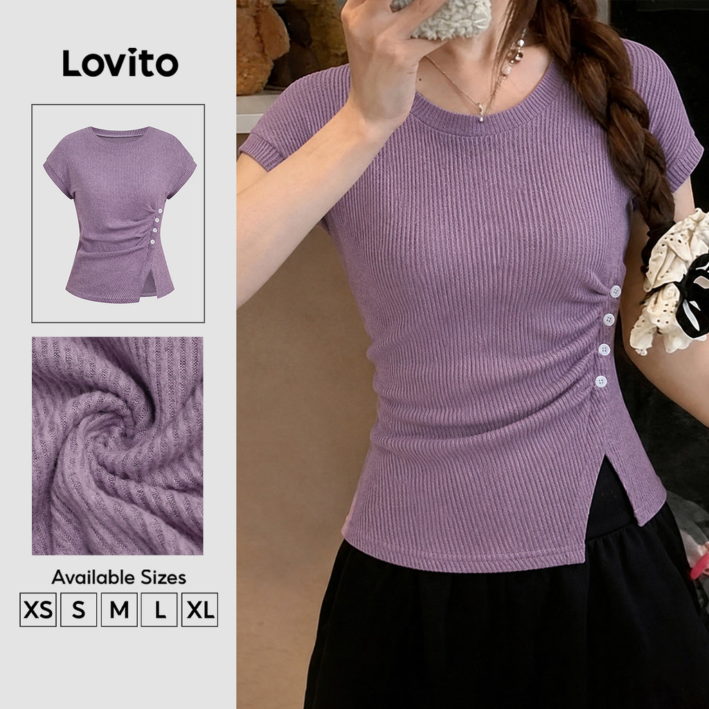 (New Arrival) Lovito Tshirt Feminino Lilás Claro De Manga Curta Gola Redonda Botões E Pregas Elegante Para Primavera/verão E Trabalho TSB202P2D541