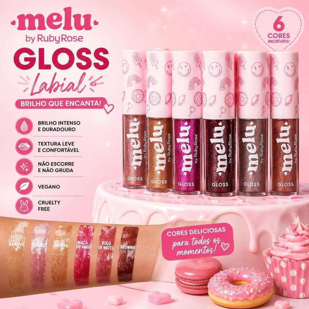 Gloss Labial Ruby Rose Melu RR8235 – Brilho Intenso com Vitamina E e Hidratação