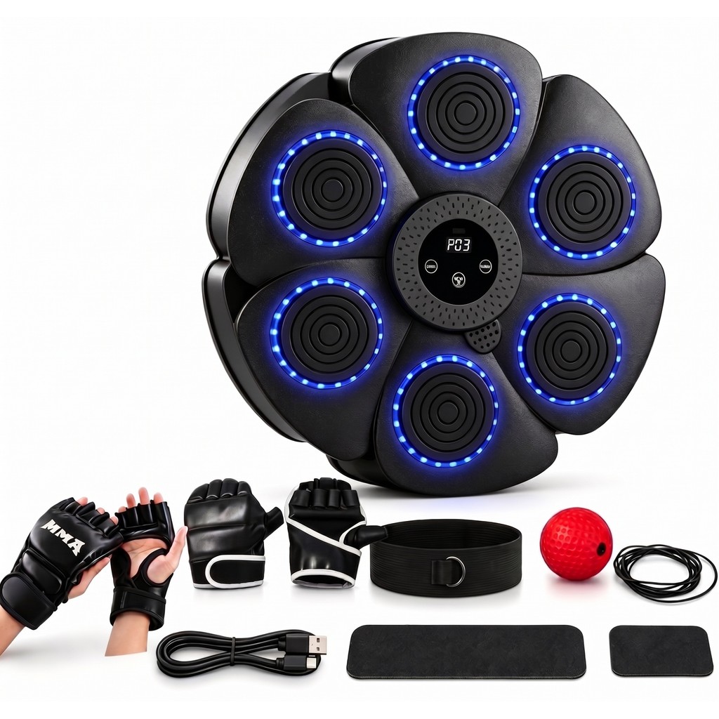 Máquina de Boxe Eletrônica Musical de Parede com 6 Alvos LED para Treino de Reflexo e Agilidade Preta