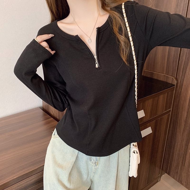 Tamanho grande gordura mm All-Match estilo ocidental mais magro olhar novo estilo de manga comprida camiseta feminina pr
