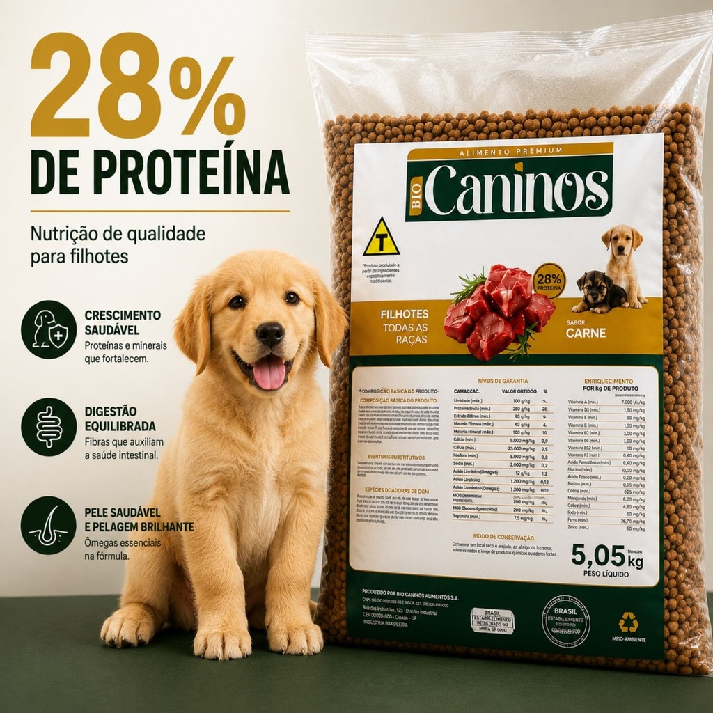 Ração Cachorro Bio Caninos Filhote Premium Carne 28% Proteina 5kg Todas Raças