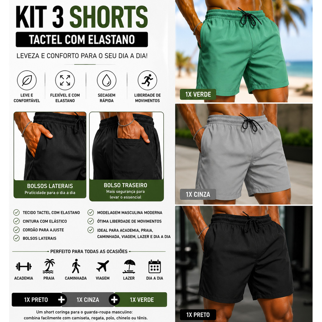Kit 3 Short Masculino Tactel com Elastano Bermuda Leve Secagem Rápida com Bolsos Cordão Ajustável Academia Praia Casual