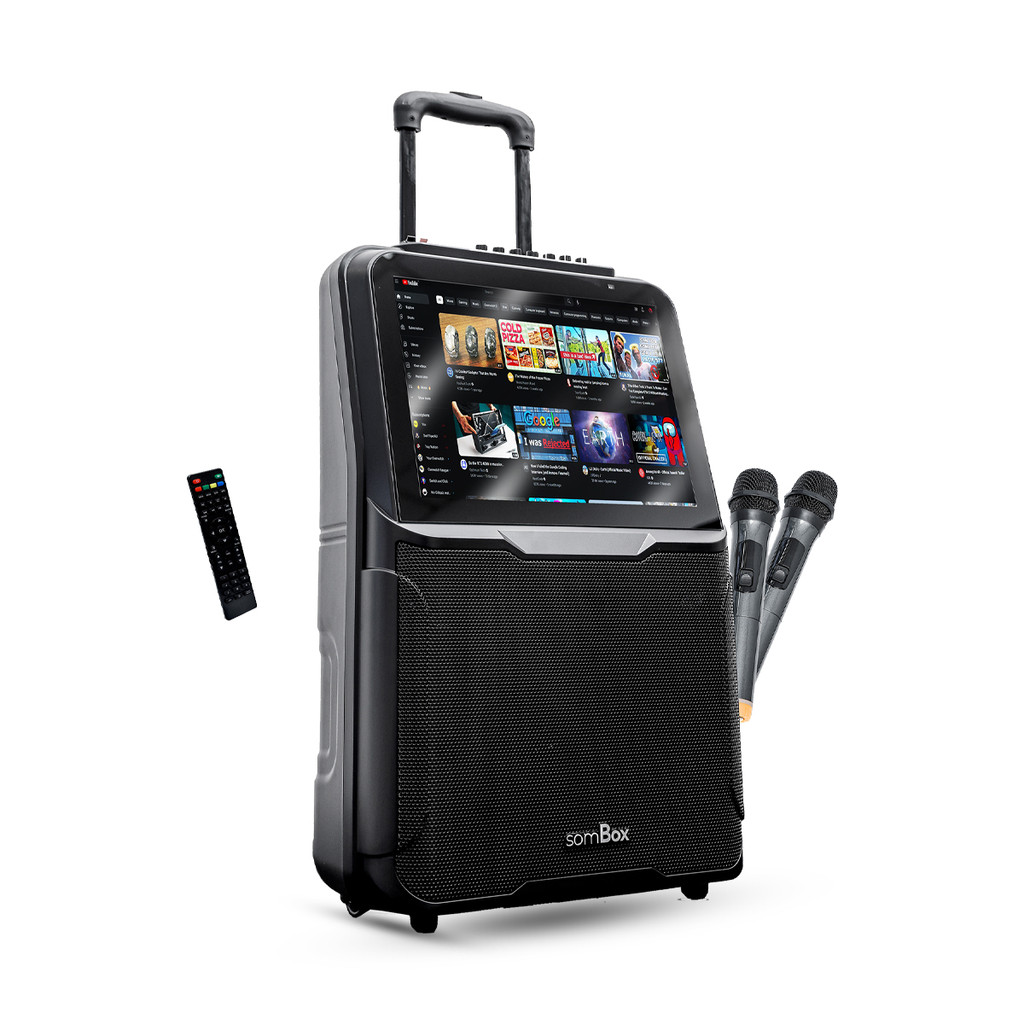 Caixa Torre De Som Karaokê Portátil Tela 15" 2 Microfones Bluetooth Wi-fi Tv Android 100W RMS