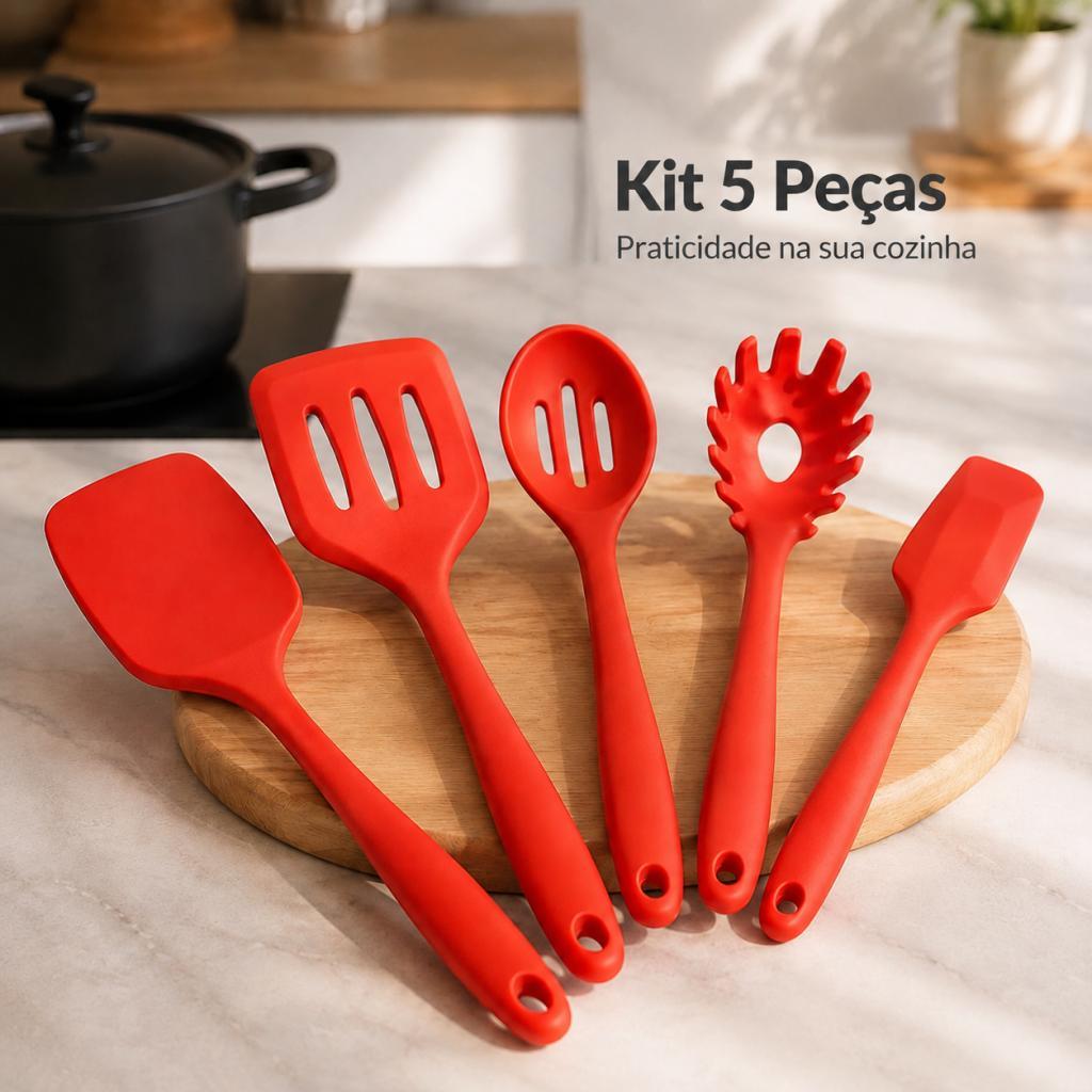 Kit 5 Utensilios de Cozinha Silicone Vermelho Espatula Colher Pegador Massa Antiaderente