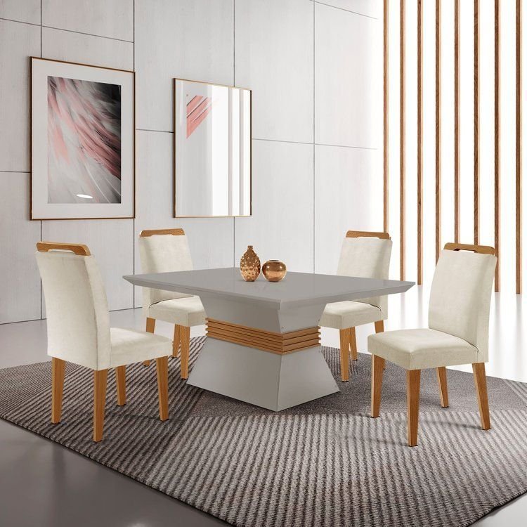 Conjunto Sala de Jantar Mesa e 4 Cadeiras Santorini Yescasa Veludo Creme/Off White/Imbuia