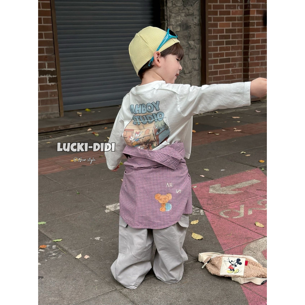 LUCKI crianças roupas infantis coreanas meninos médio pequeno crianças início do outono dos desenhos animados camiseta d