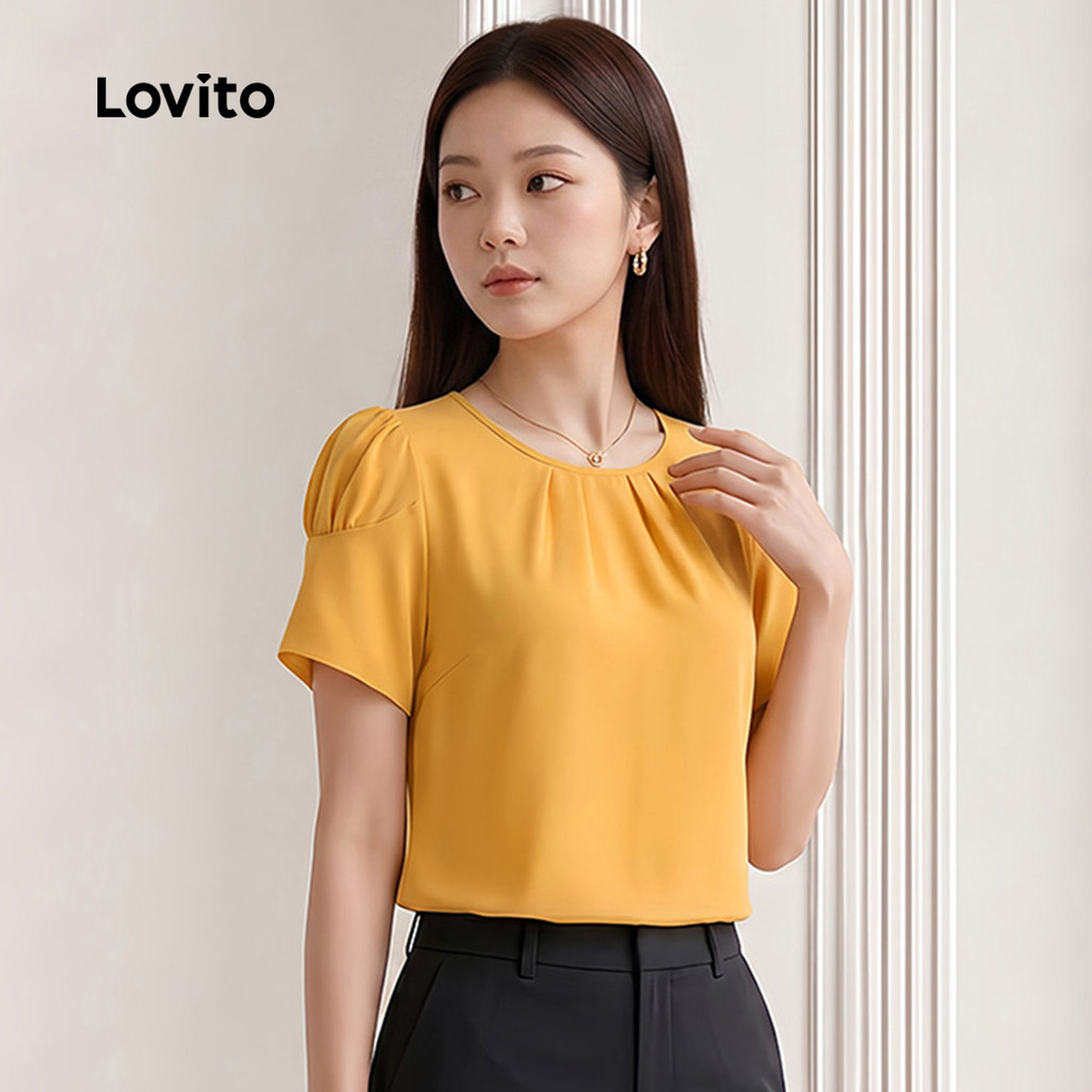 Lovito Blusa Amarela Elegante De Manga Curta Gola Redonda Plissada Para Trabalho Primavera Verão Feminina BLB201P1D161 — imagem 2 de 2