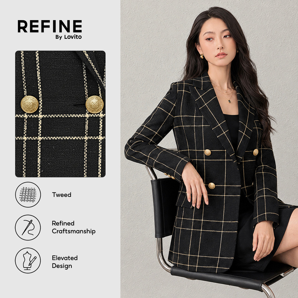 (Refine by Lovito) Elegante Blazer Botão Primavera/verão Blazer Preto para mulheres Trabalho LR38L112