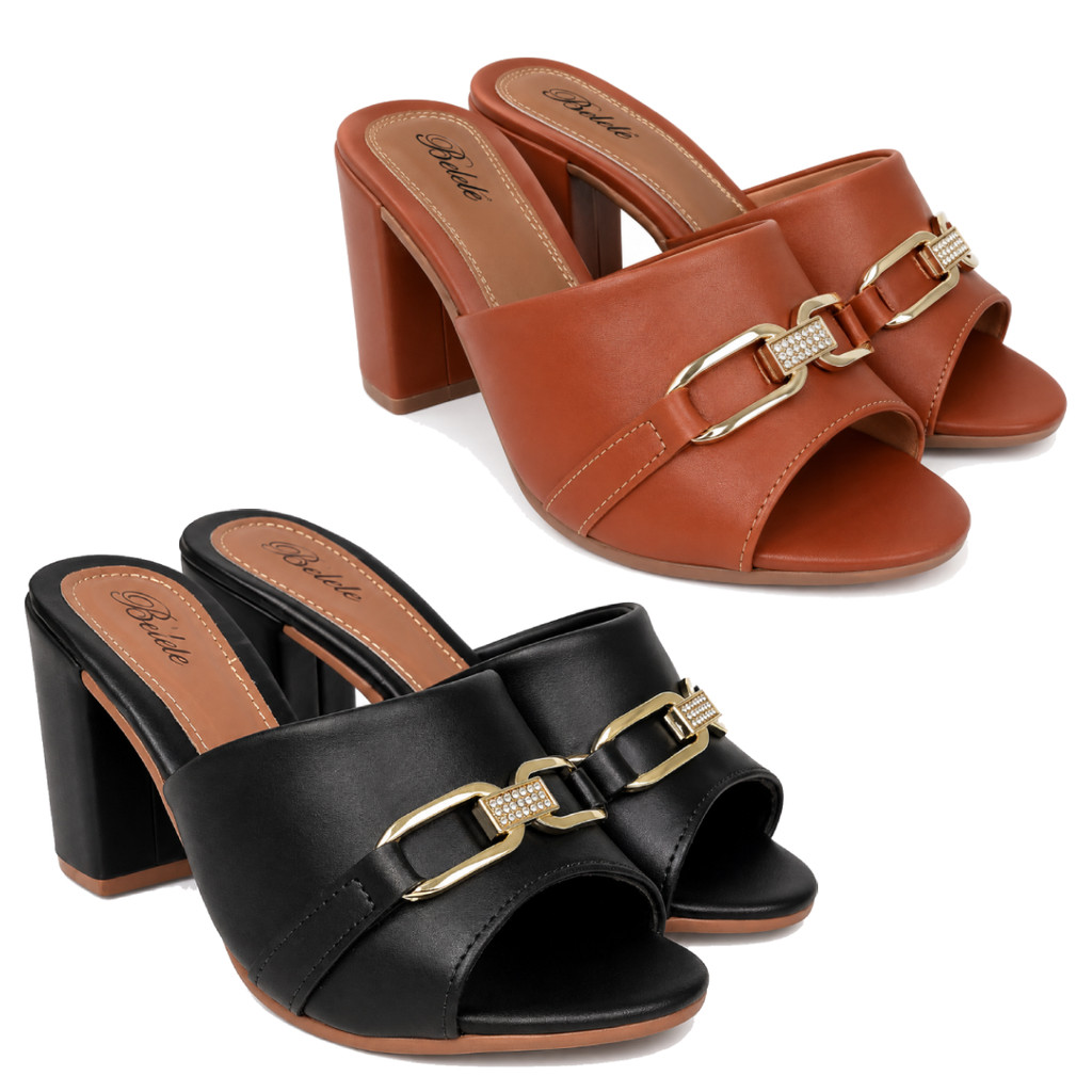 Kit 2 Tamanco Feminino Belelê Fivela Sandália Confortável Salto Alto Elegante Preto e Caramelo