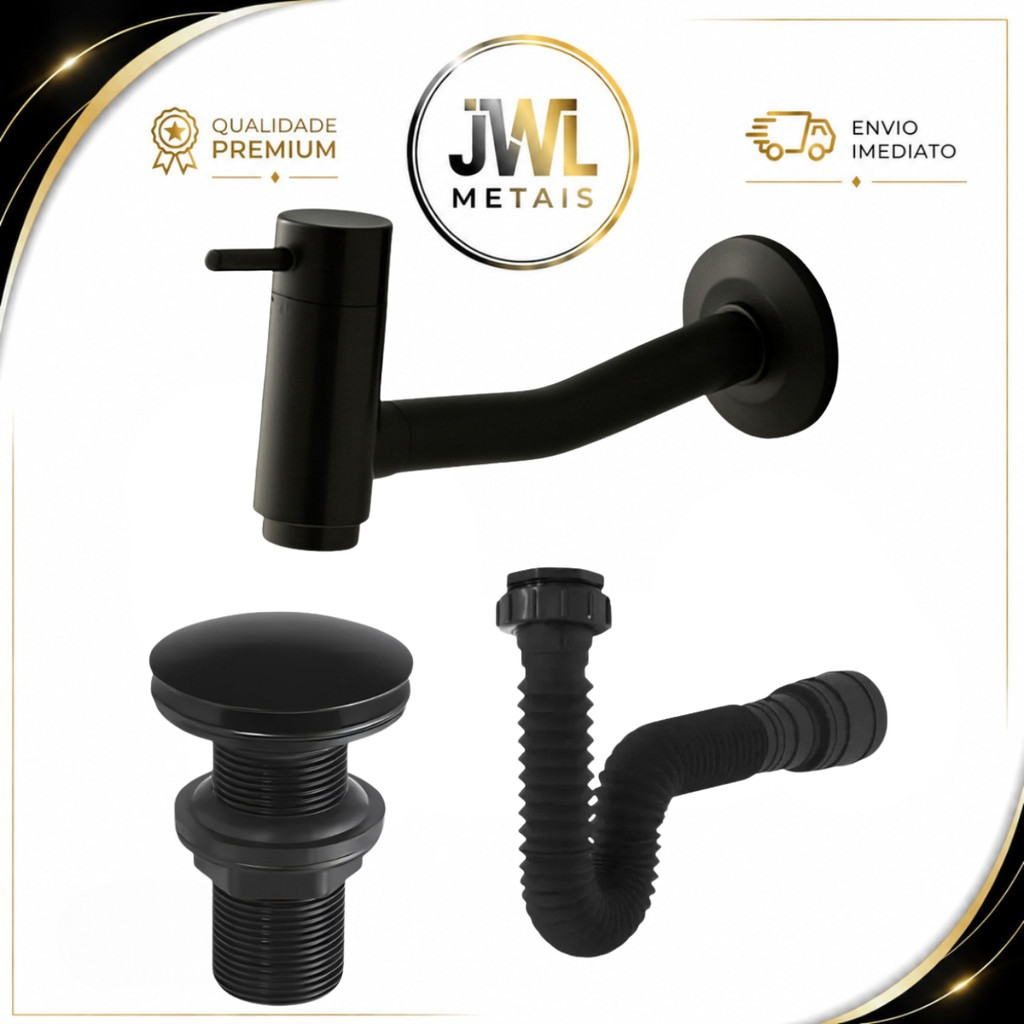 Kit Torneira Link Parede Abs Preto + Valvula Clic 7/8 e Sifão Preto Design Moderno Banheiro